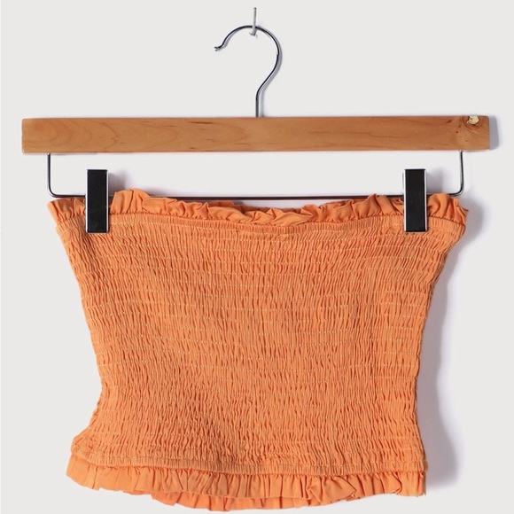 LULU’S SUNNY MOMENTS ORANGE RUFFLED SMOCKED STRAPLESS CROP TOP - Picture 2 of 6